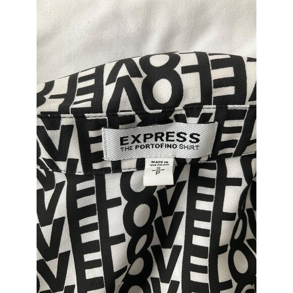 Express The Portofino Button Front Shirt  Black White Love Pattern Size Small - Picture 5 of 7